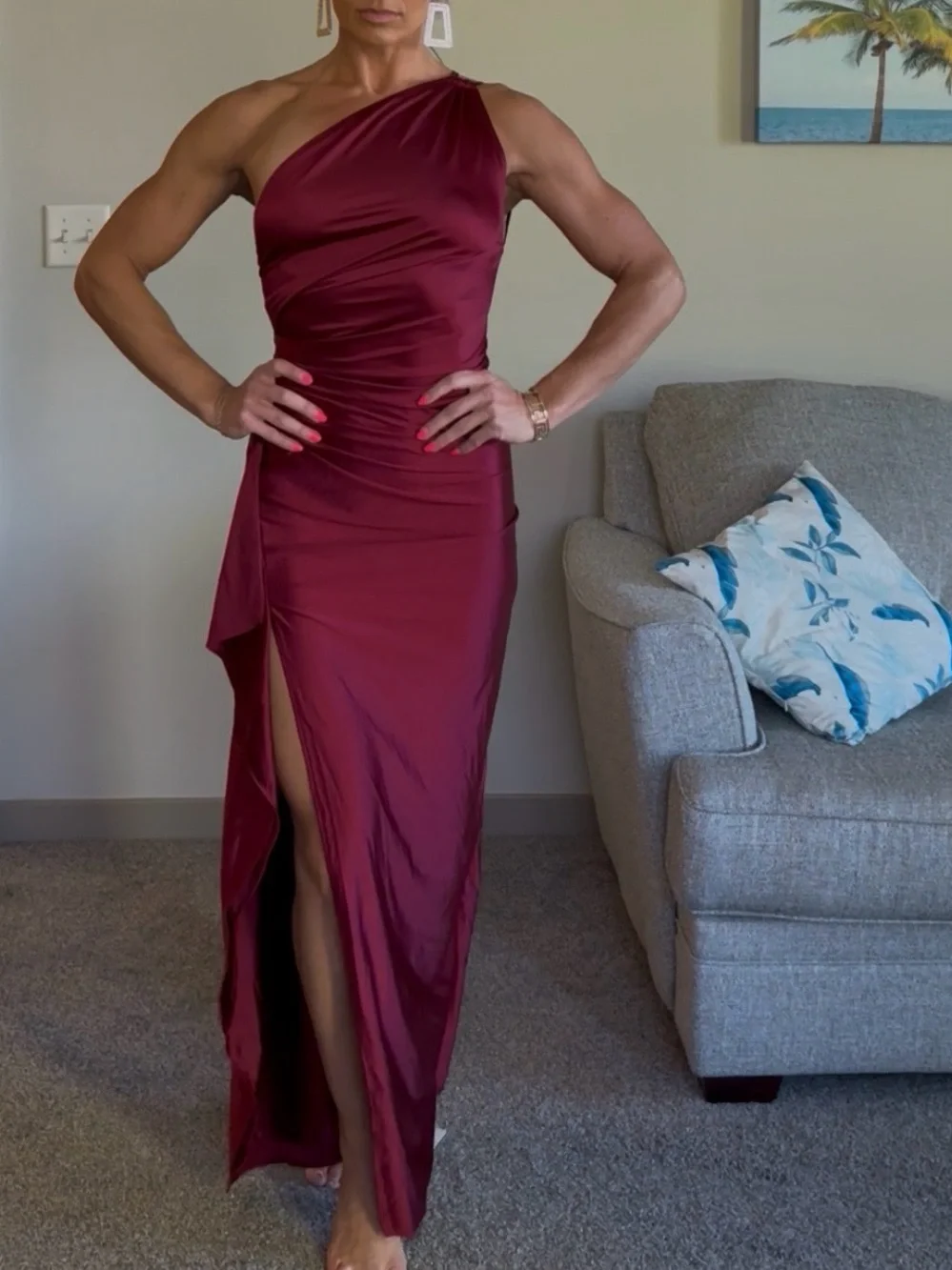 One-Shoulder Burgundy Satin Evening Dress